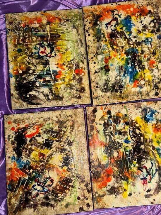 Set of 4 Contemporary Abstract Mixed Media Canvas Paintings by A.G. Pascovici